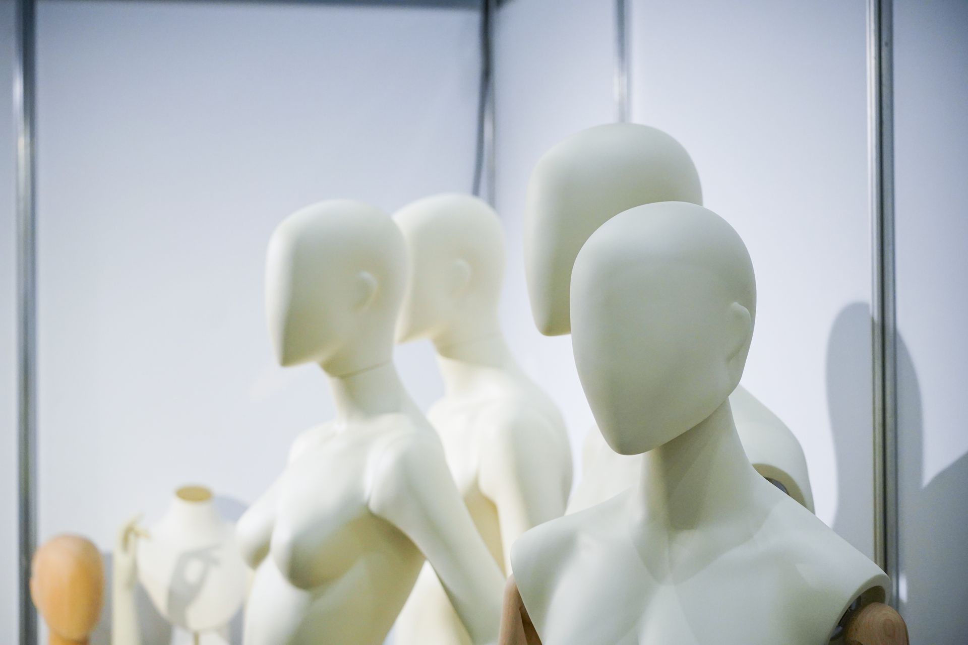White mannequin heads and torsos displayed in a row behind glass panels