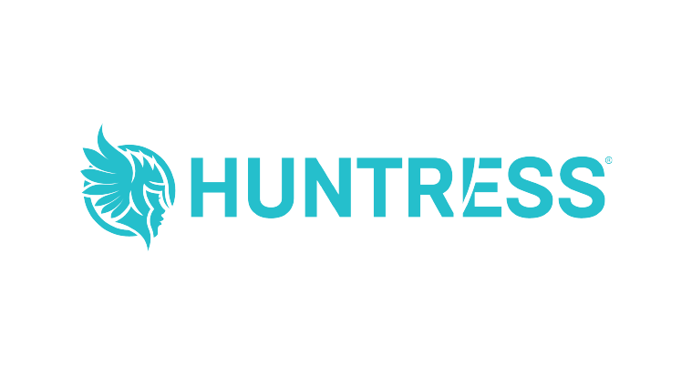 Huntress logo with a turquoise lion head icon and the word “HUNTRESS” on a white background