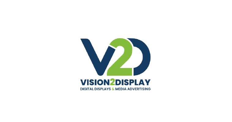 Vision2Display logo with blue and green stylized “V2D” on a white background