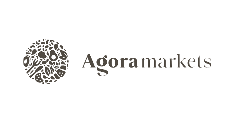 Agora Markets logo with circular ornamental icon and serif text on white background
