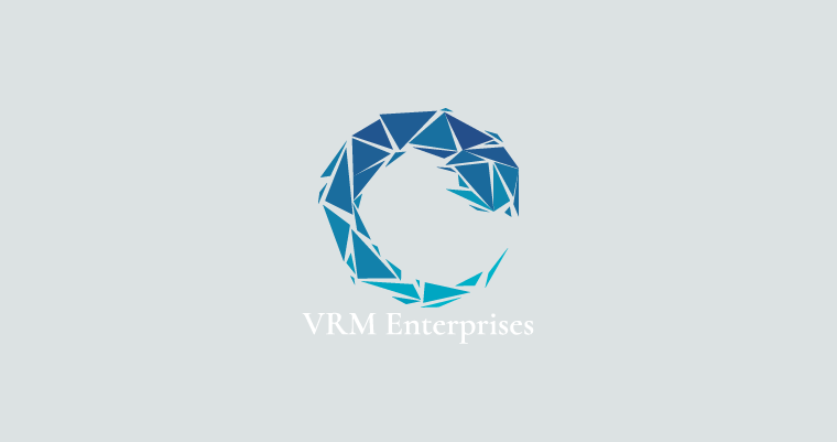 Blue geometric circular logo with the text “VRM Enterprises” on a light gray background
