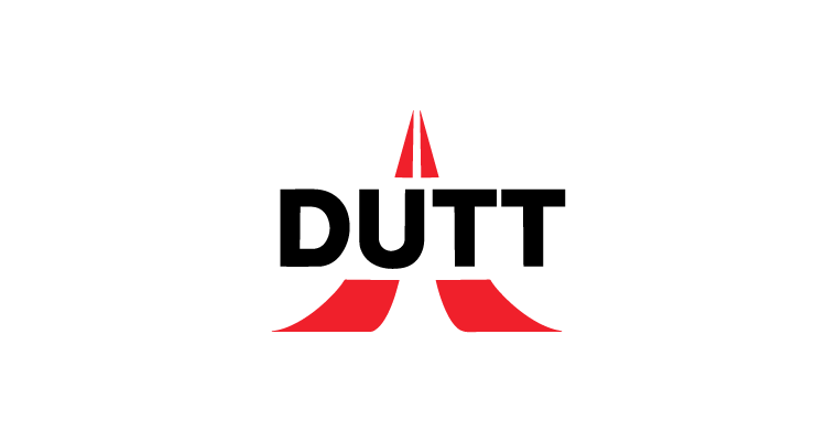 DUTT logo in black and red on a white background