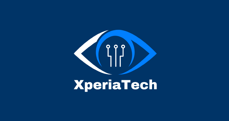 XperiaTech logo on dark blue background with stylized white and blue eye circuit icon.