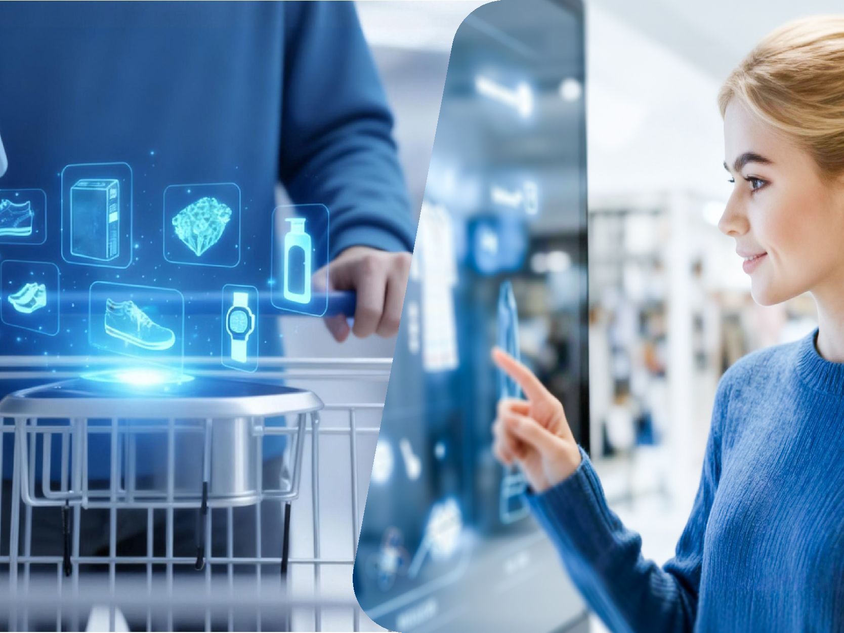 Person points at glowing digital shopping cart interface in a modern store