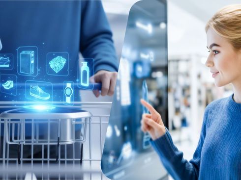 Woman points at glowing shopping cart display with digital icons in a store.