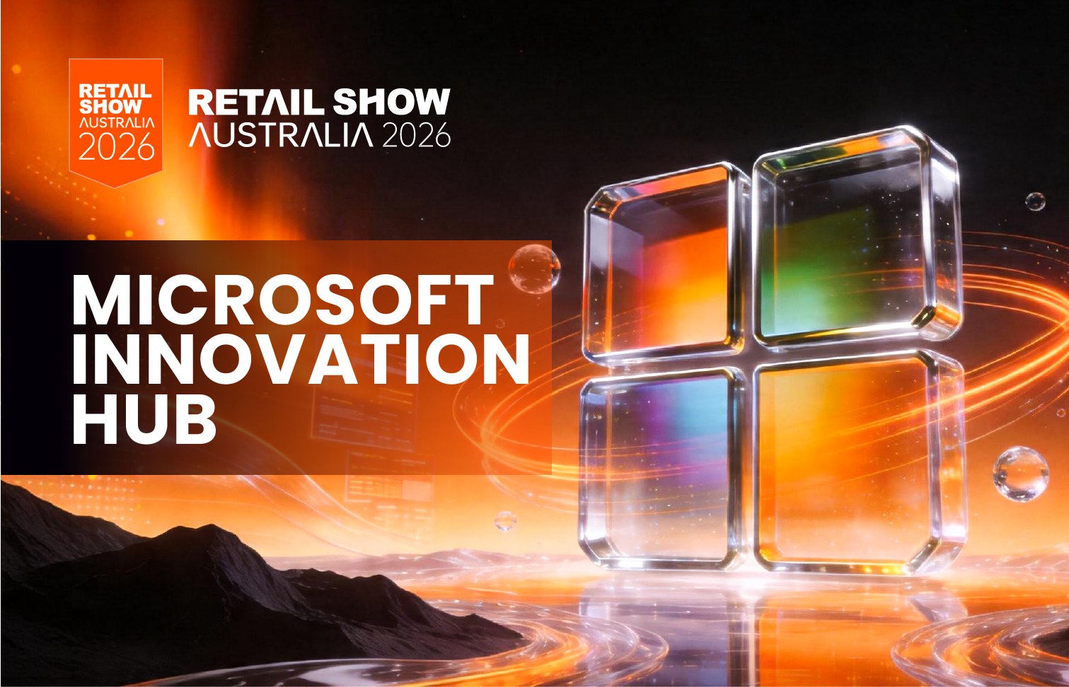 Microsoft Innovation Hub promo with glowing Windows logo and Retail Show Australia 2024 branding on orange-black background