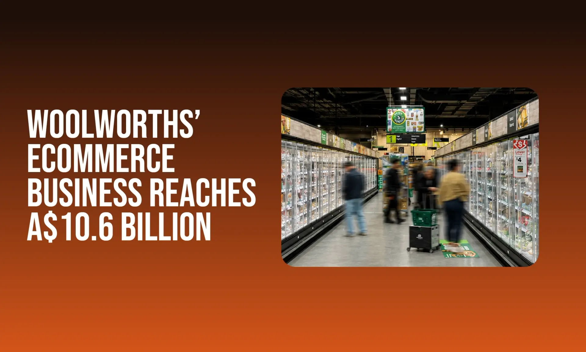 Woolworths e-commerce business reaches $10.6 billion, with shoppers in a supermarket aisle.