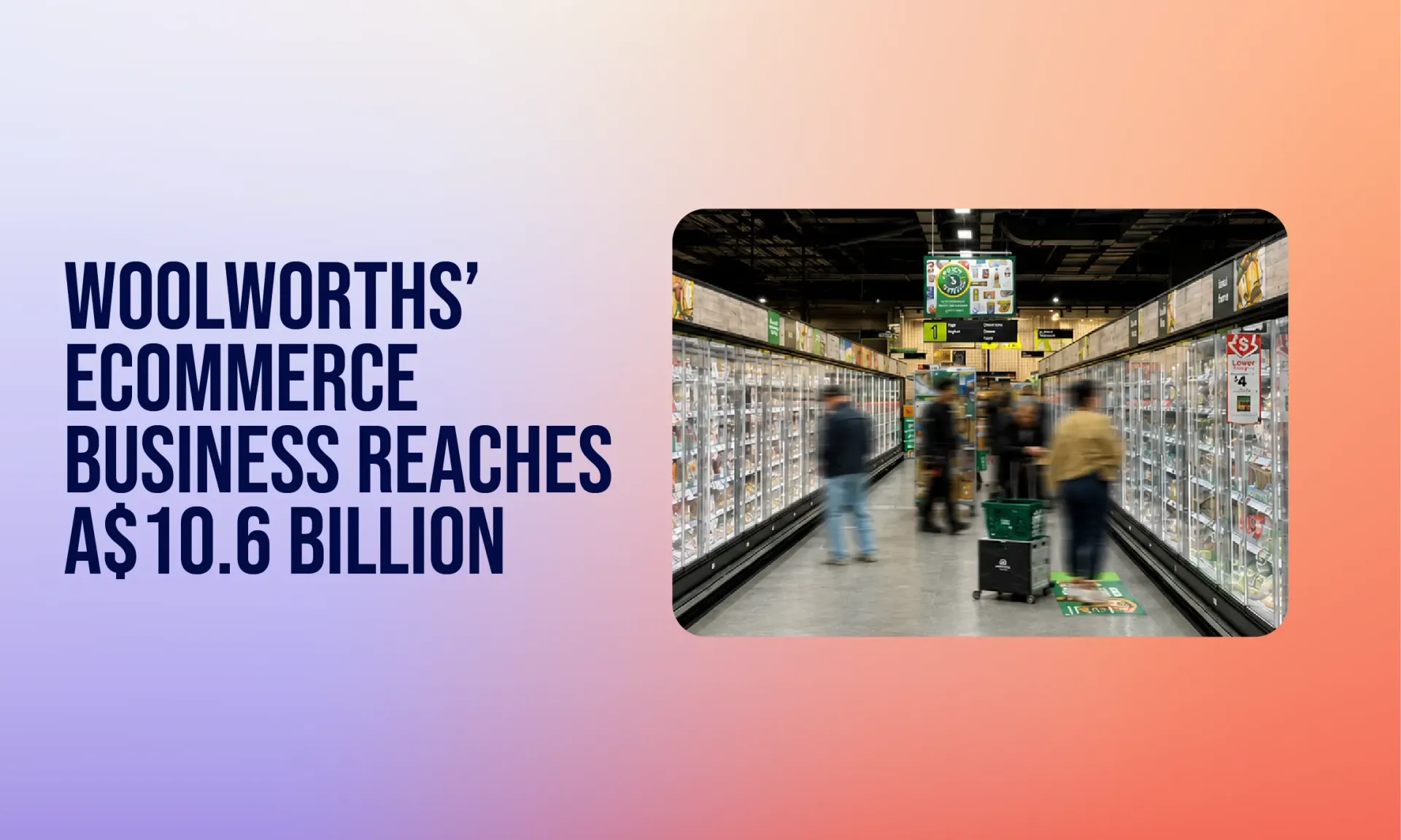 Woolworths e-commerce business reaches $10.6 billion, with shoppers in a supermarket aisle.