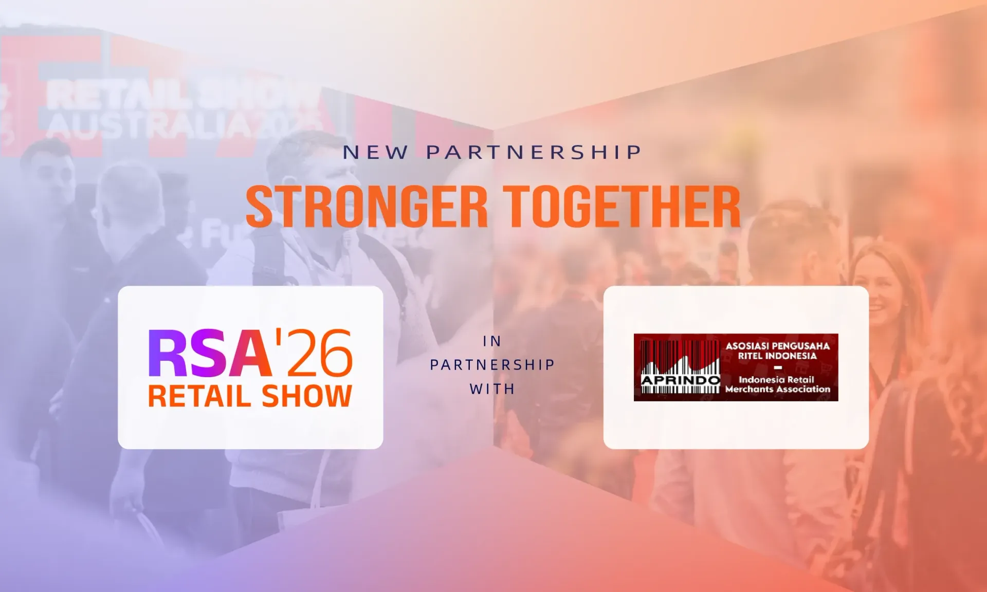 Orange event poster reading “Stronger Together” with two logo panels and a crowd photo background