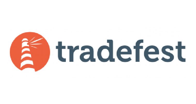 Tradefest logo with an orange circular icon and dark gray wordmark on a white background