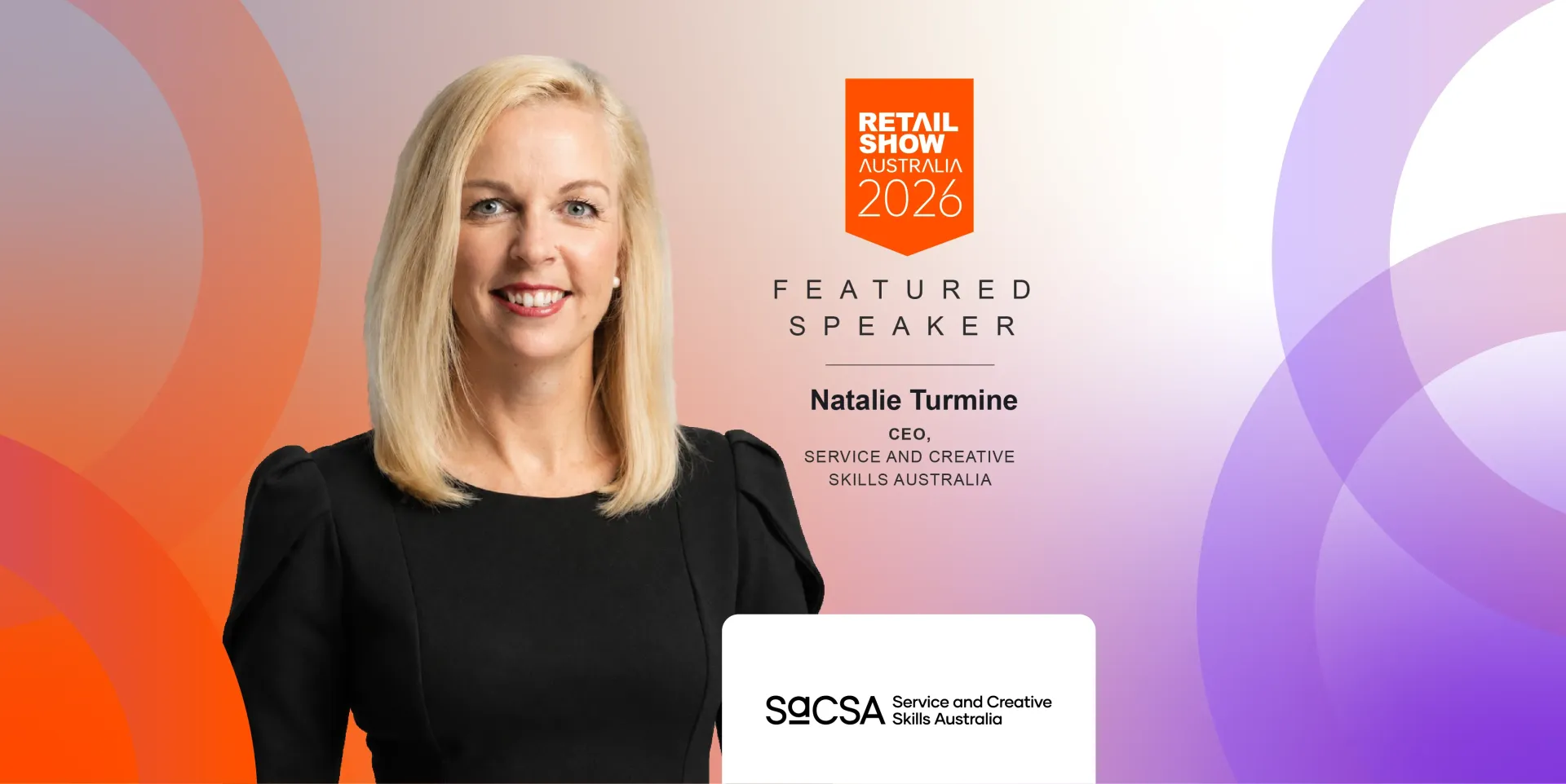 Smiling woman in black dress beside event poster on a purple-orange gradient background