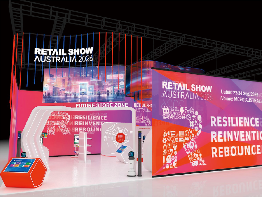 Retail Show Australia expo booth with pink-purple branding and “Resilience Reinvent Rebound” signage