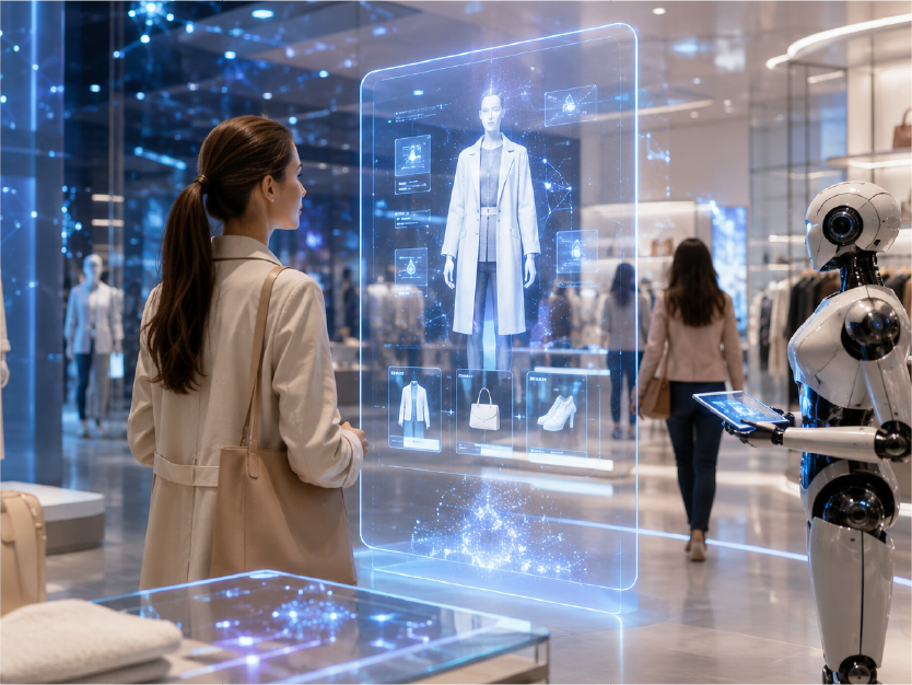 Modern clothing store with holographic digital displays and shoppers browsing the futuristic showroom
