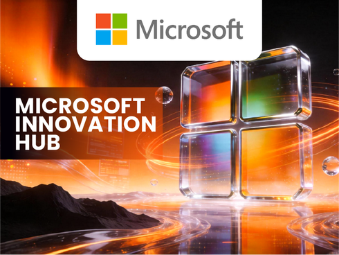 Microsoft Innovation Hub banner with the Microsoft logo over glowing glass cubes at sunset.