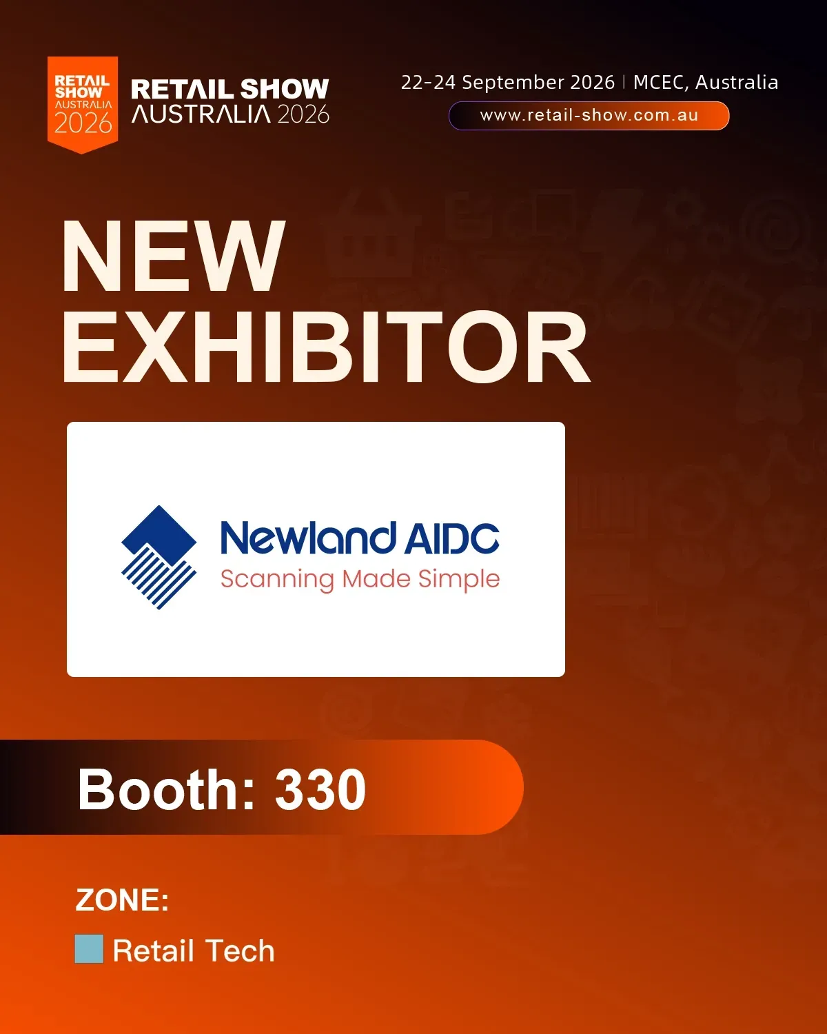 Newland AIDC booth 430 at Retail Show Arabia, orange “New Exhibitor” poster with logo and zone label
