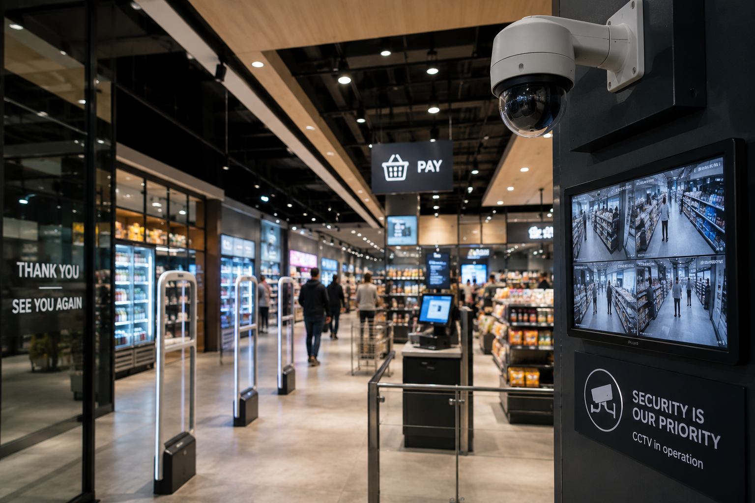 Modern airport duty-free store with glass security gates, shelves of goods, and shoppers inside