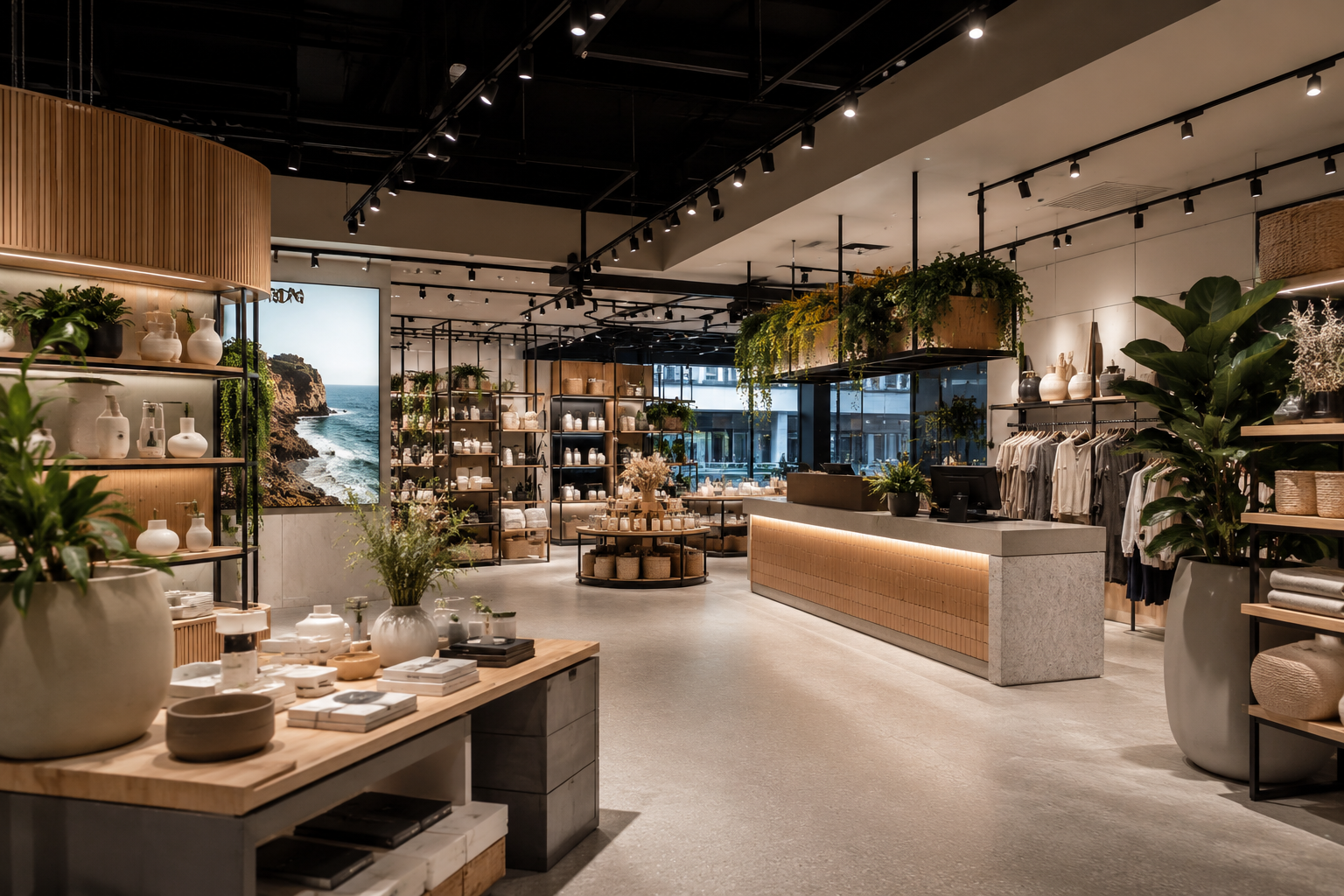Modern home decor store with wooden shelves, plants, and warm lighting.