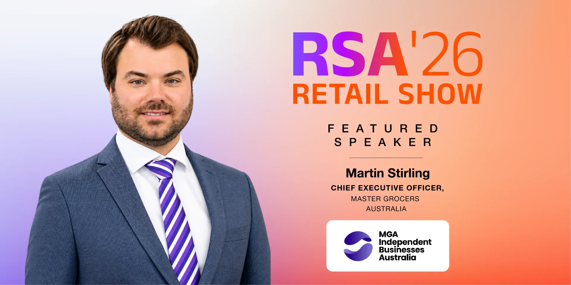 Promotional poster featuring a suited man, orange logo, and purple gradient background with event text.