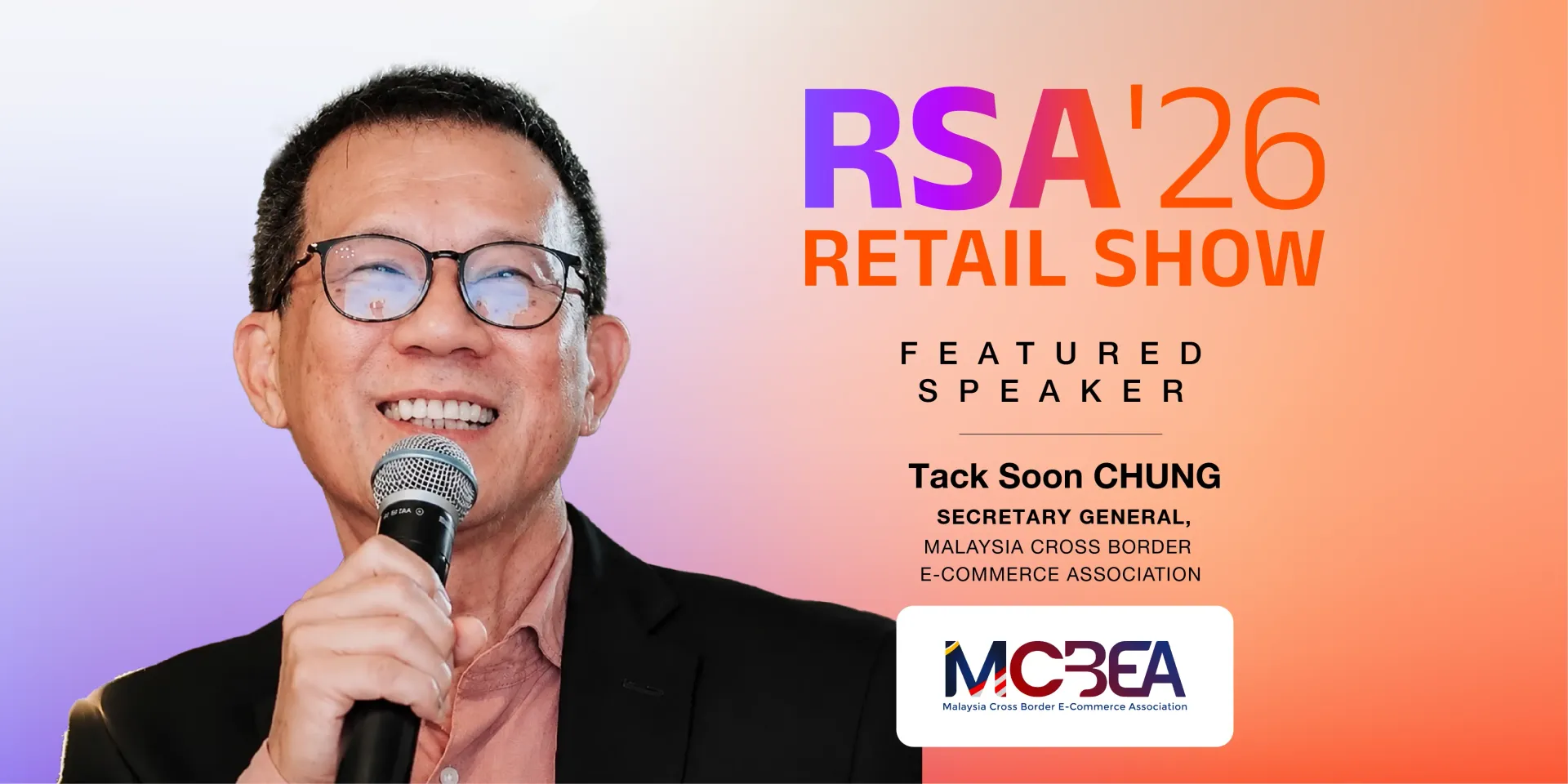 Retail Show Australia 2025 promo with smiling woman on a pink-orange gradient background and event logos