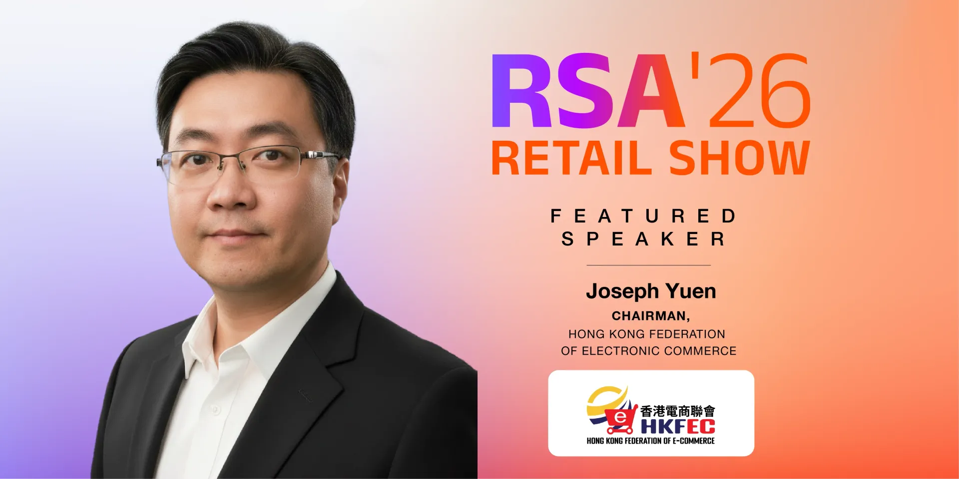 Retail Show Australia 2026 banner with a man in a black blazer on a pink-to-purple gradient background.
