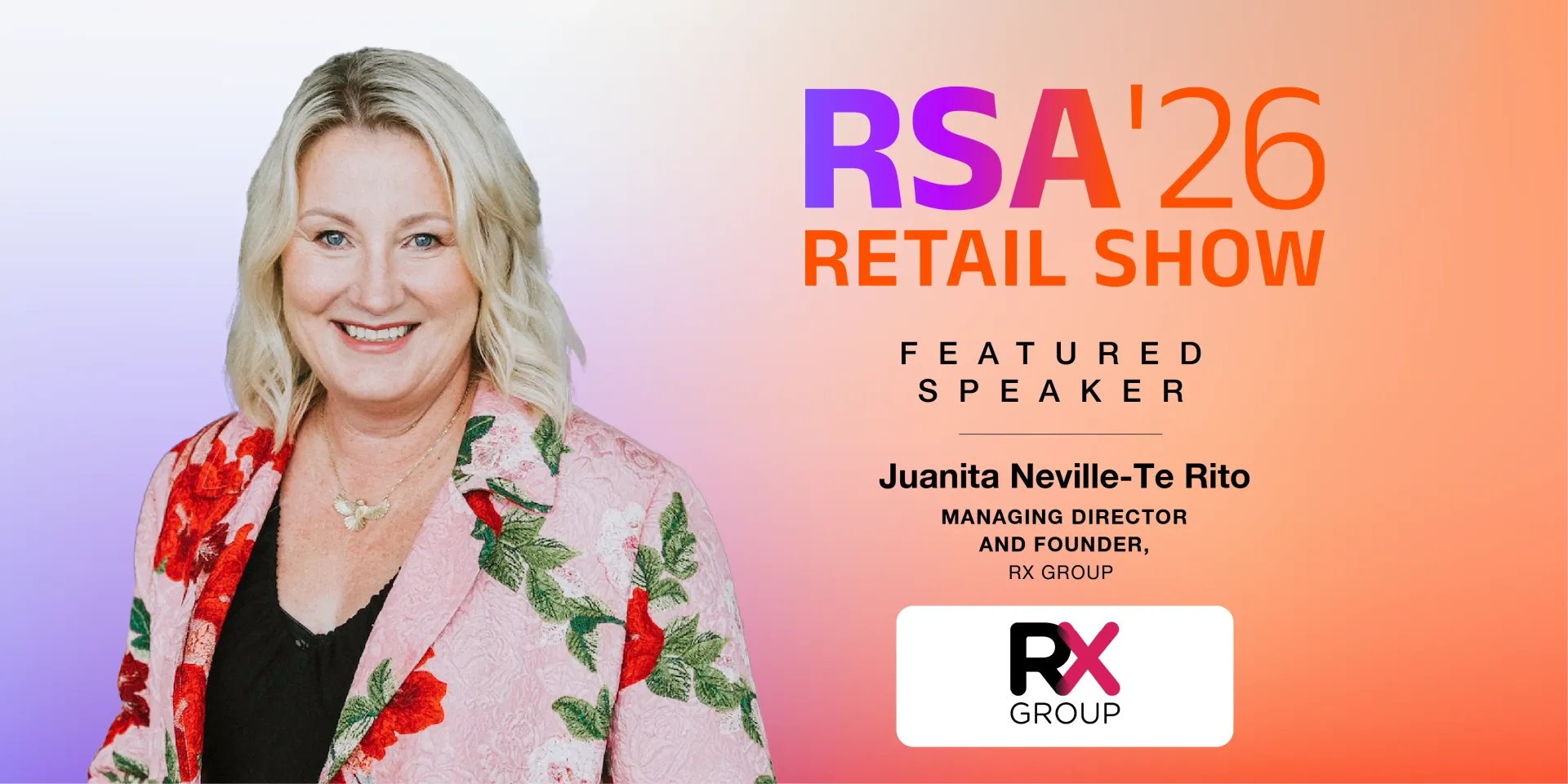 Retail Show Australia 2026 poster with portrait, orange and purple accents, and RX logo