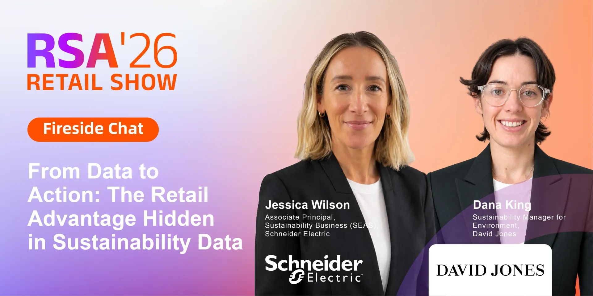Retail Show Fireside Chat banner with two speakers and text: “From Data to Action: The Retail Advantage Hidden in Sustainability Data”