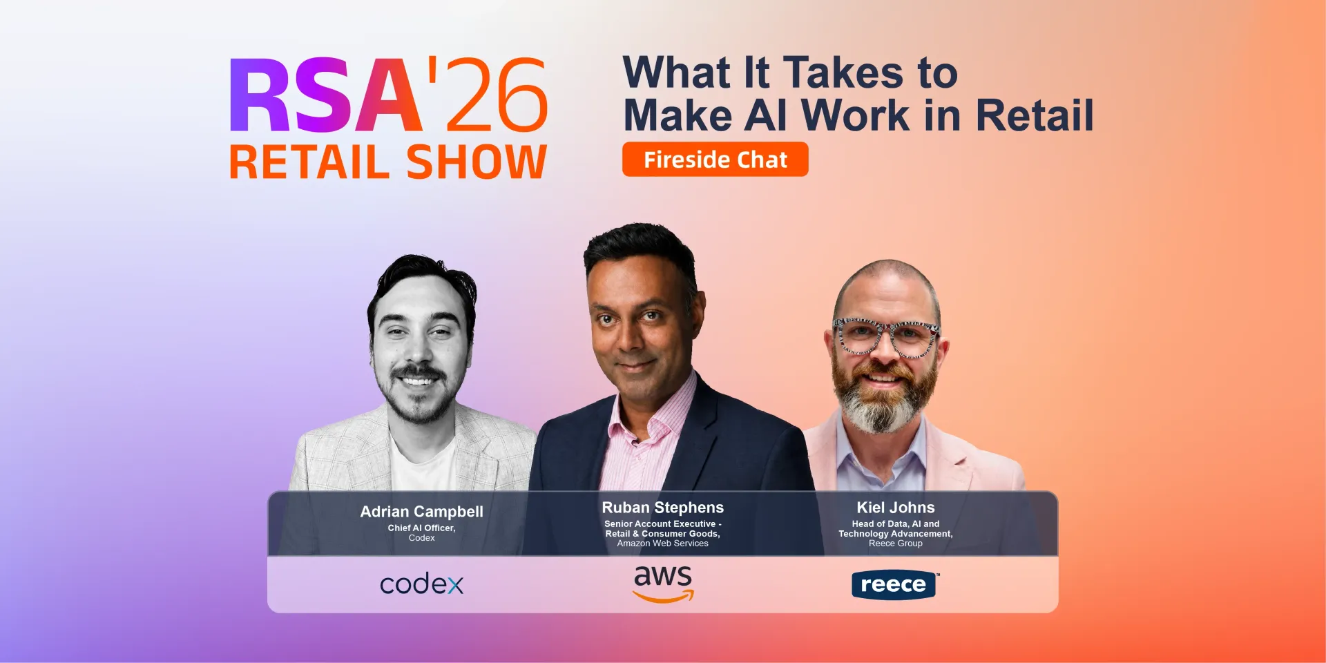 Retail Show Australia promo banner with three speakers and text, orange-to-purple gradient background