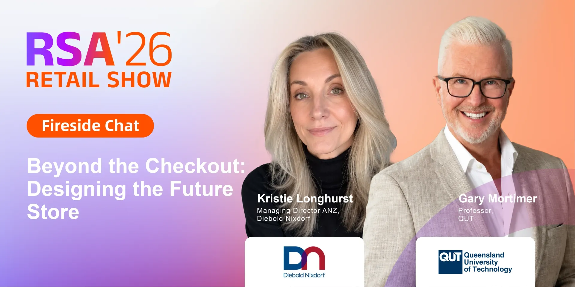 Retail show promo with two speakers and text: “Beyond the Checkout: Designing the Future Store.”