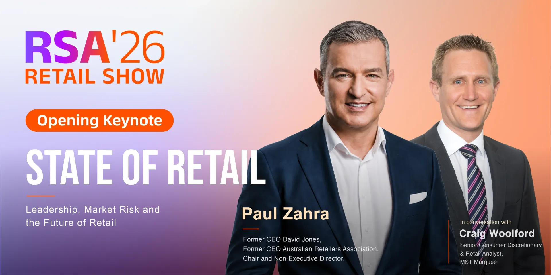 State of Retail event poster with two speakers on a dark orange and black background.