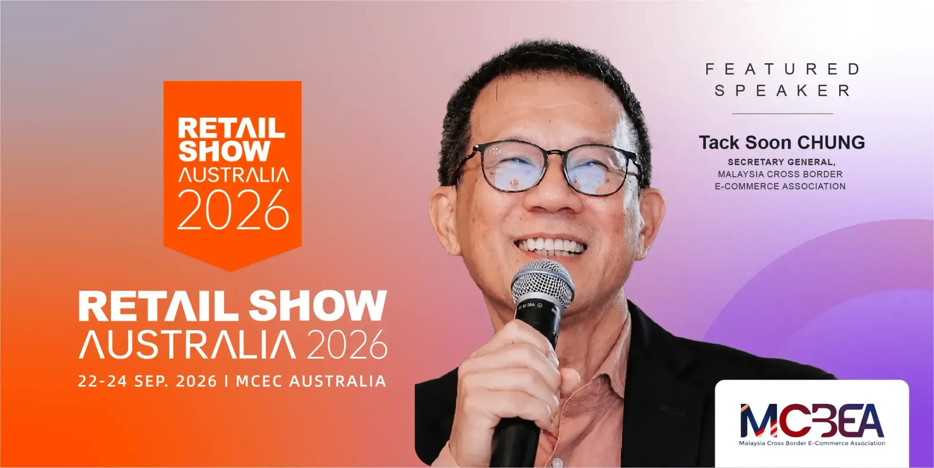 Speaker holding mic at Retail Show Australia 2025 event with purple-orange backdrop and MC&EA logo