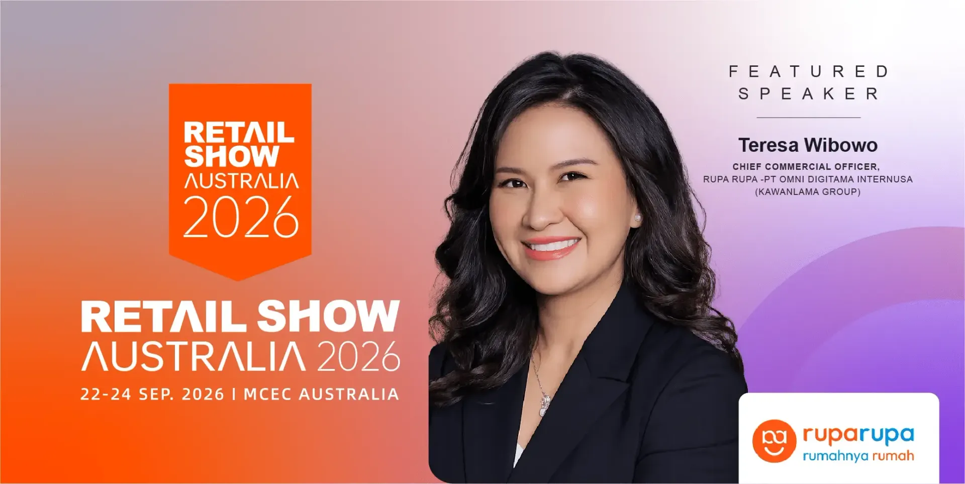 Retail Show Australia 2025 promo with smiling woman on a pink-orange gradient background and event logos