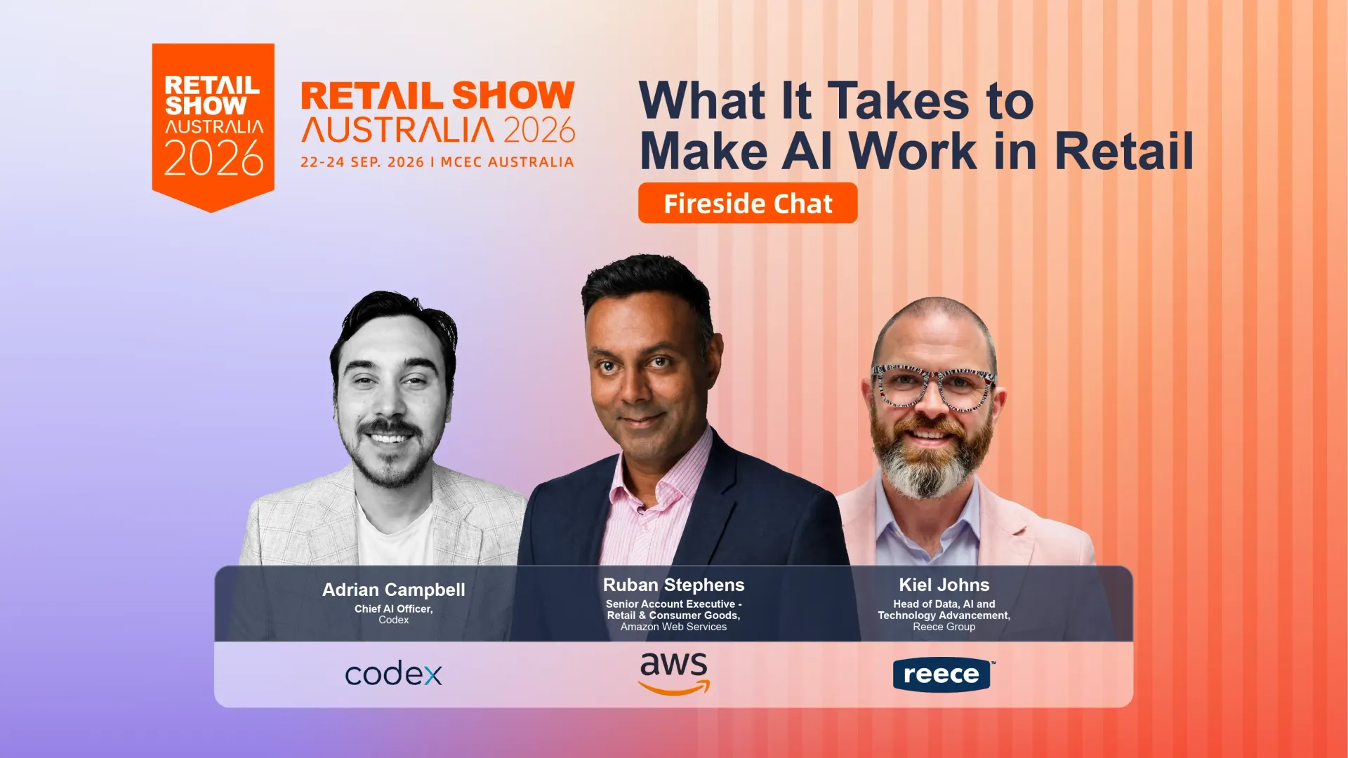 Retail Show Australia promo banner with three speakers and text, orange-to-purple gradient background