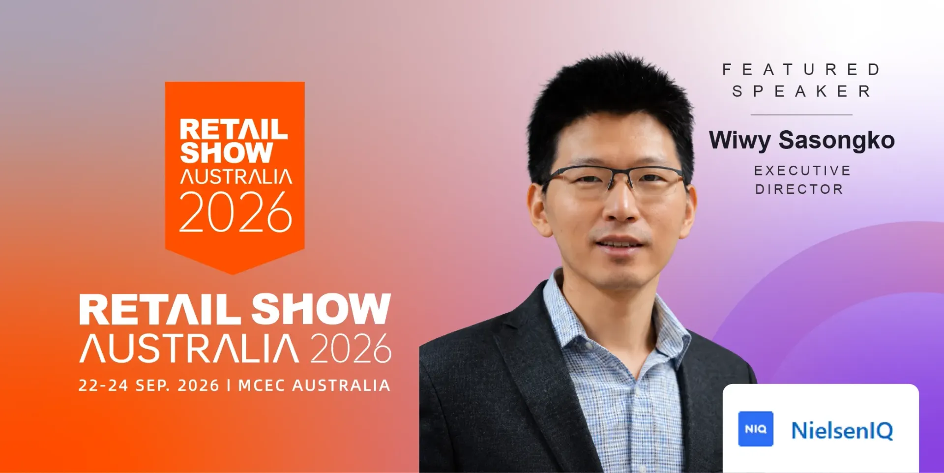 Retail Show Australia 2025 promo with portrait of a man on a pink-orange background and event text.
