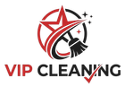 VIP Cleaning logo with red and black text, star, broom, and circular swoosh design