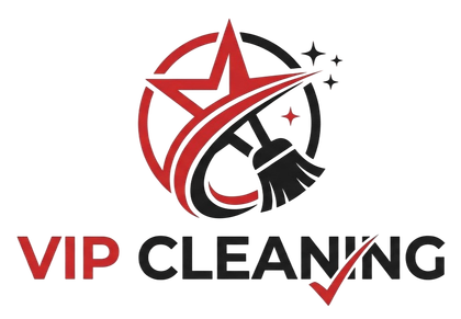 VIP Cleaning logo with red and black text, star, broom, and circular swoosh design