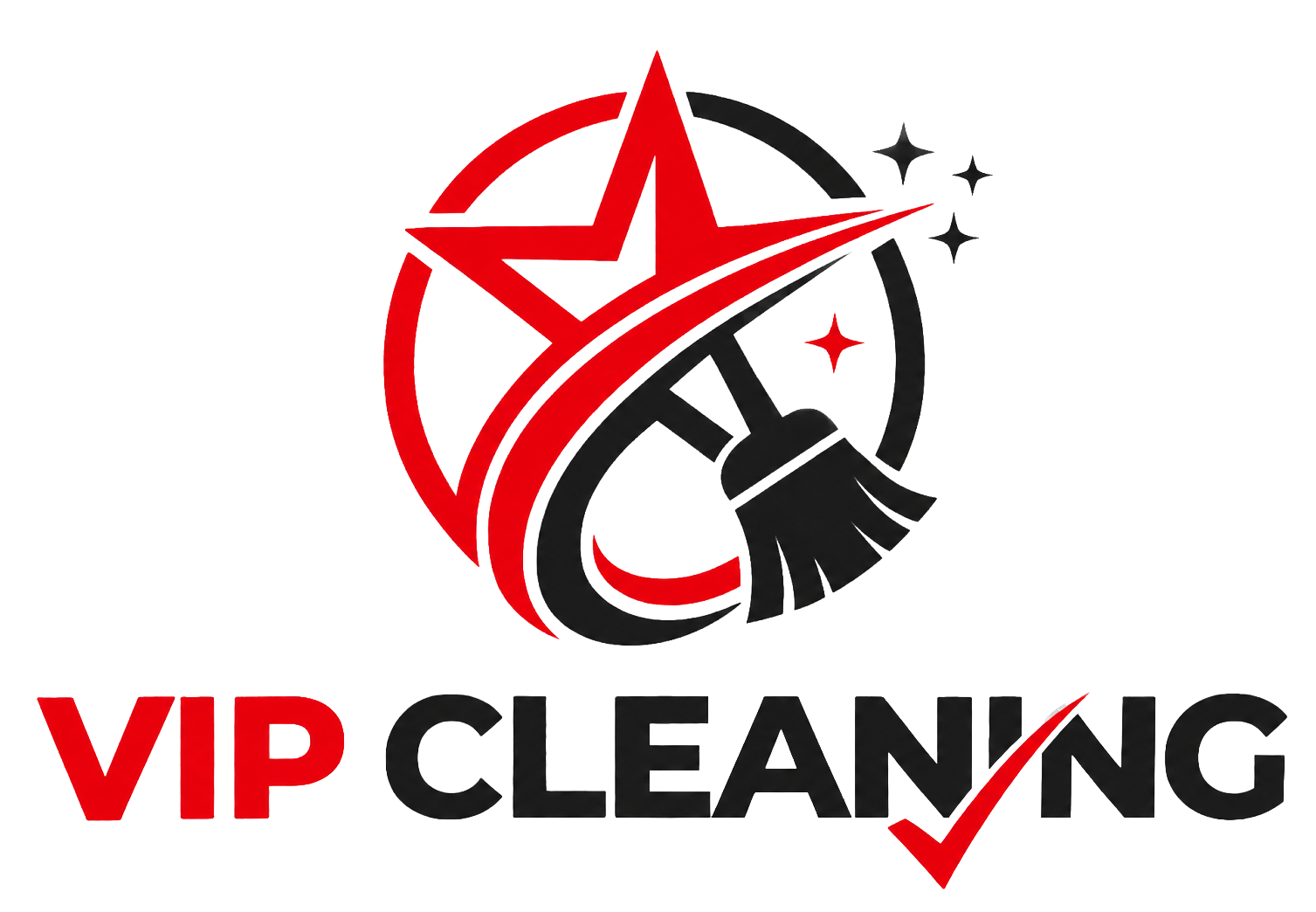 VIP Cleaning logo with red and black text, star, broom, and circular swoosh design