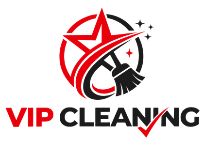 VIP Cleaning logo with red and black text, star, broom, and circular swoosh design