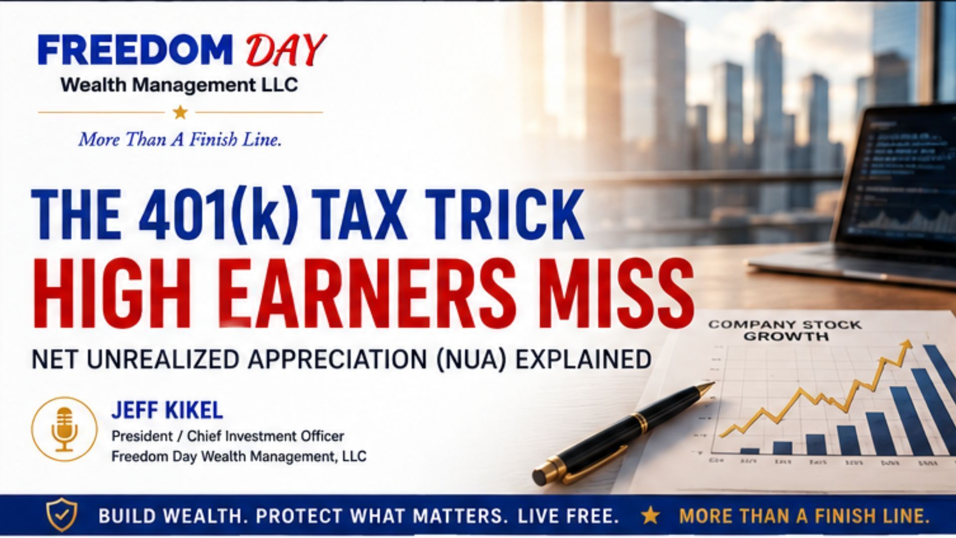 The 401(k) tax trick high earners miss on a blue-and-white banner with city skyline.
