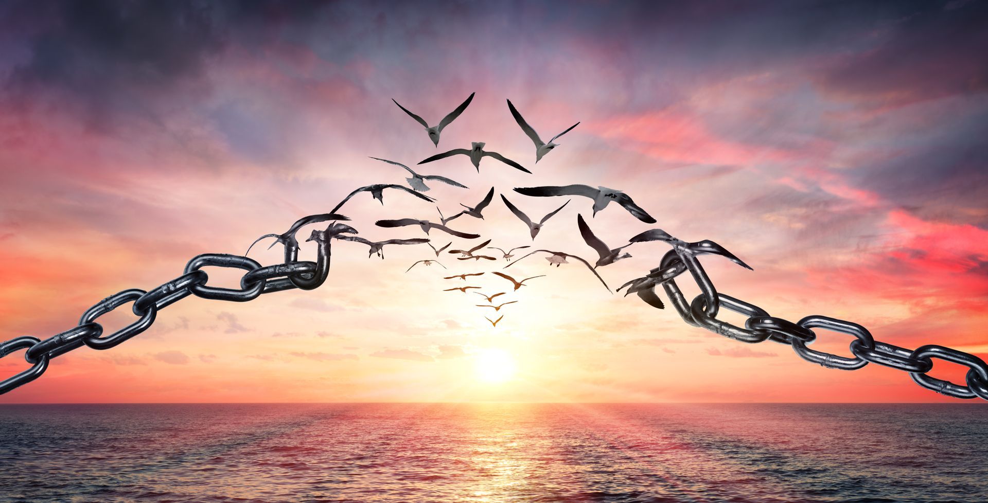 A broken chain with birds flying through it over the ocean at sunset.
