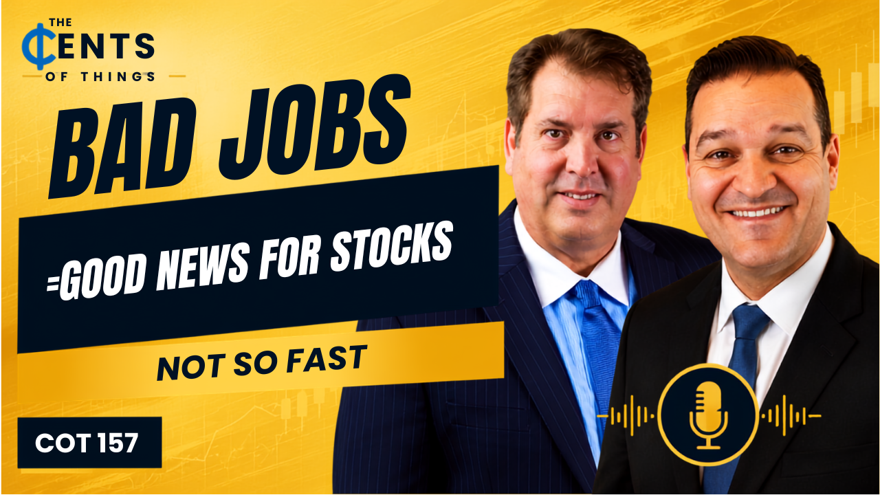 Podcast-style graphic: “Bad Jobs—Good News for Stocks, Not So Fast,” with two men in suits on yellow-black background