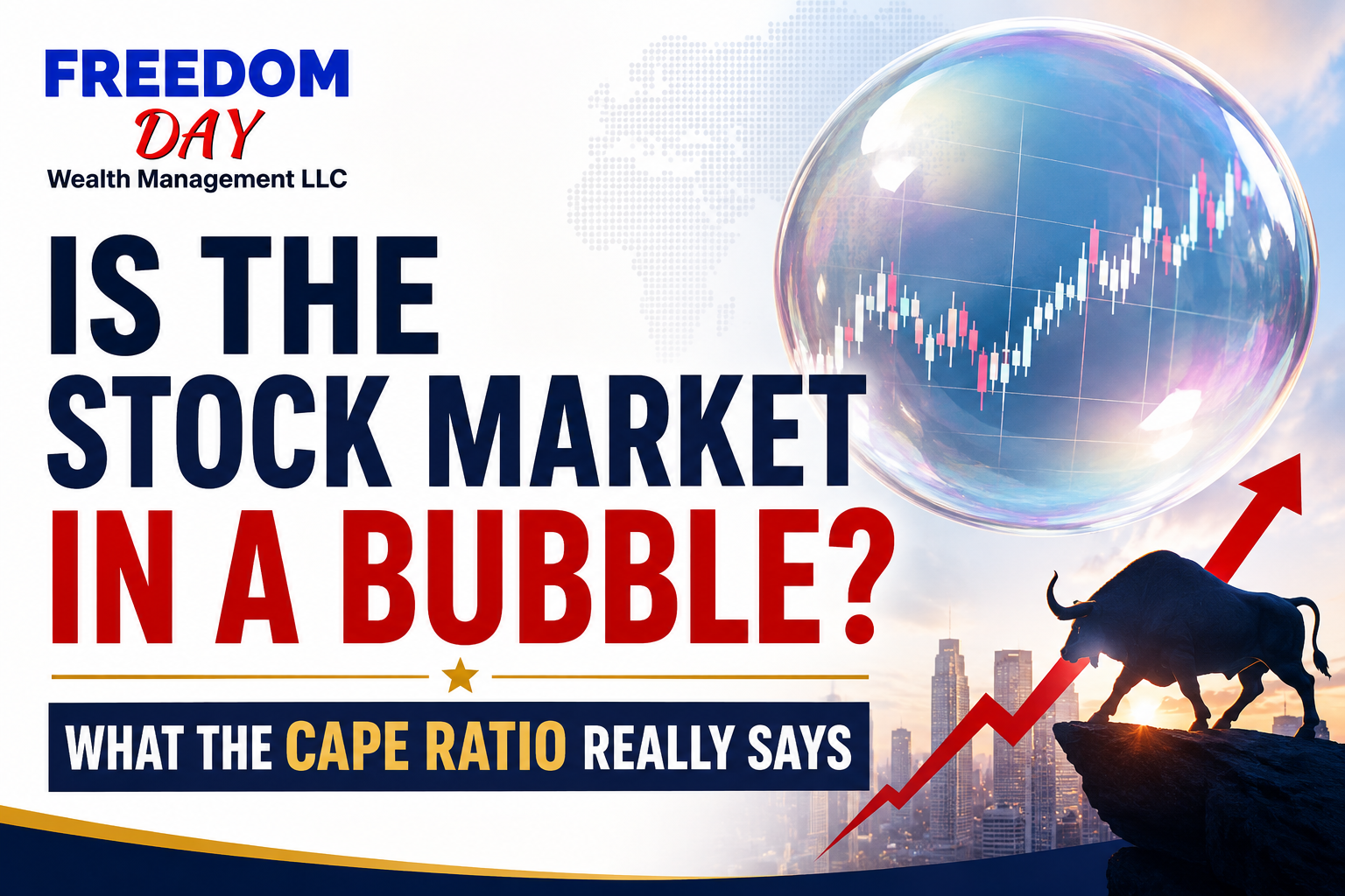 Graphic asking “Is the stock market in a bubble?” with bull, bubble, and red upward arrow