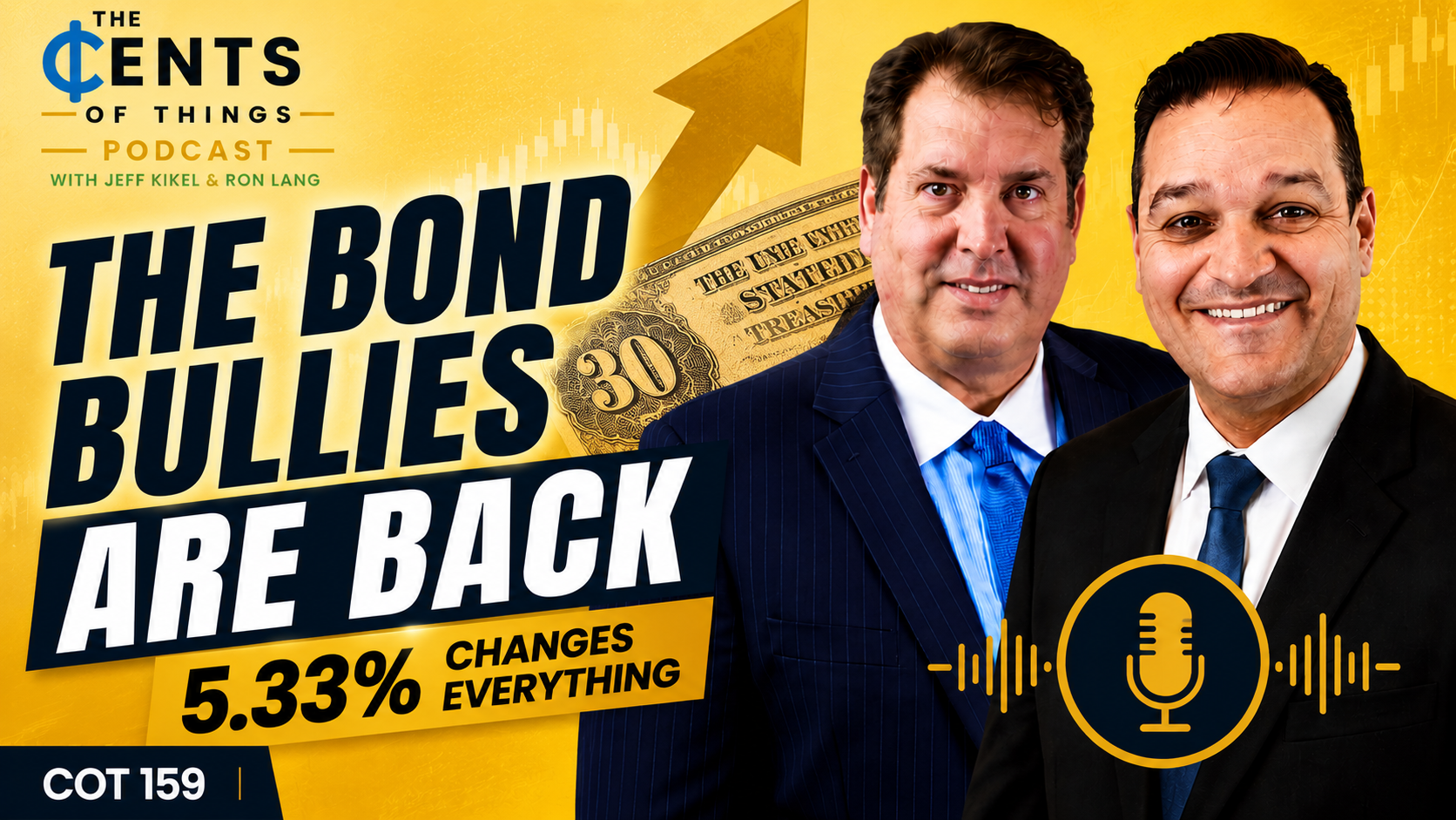 Podcast cover with two men, bold text “The Bond Bullies Are Back,” and gold financial graphics on a yellow background