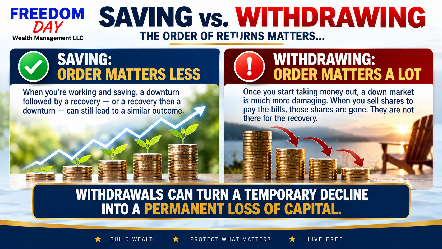 Infographic comparing saving vs. withdrawing, showing green growth and red losses with a caution message.