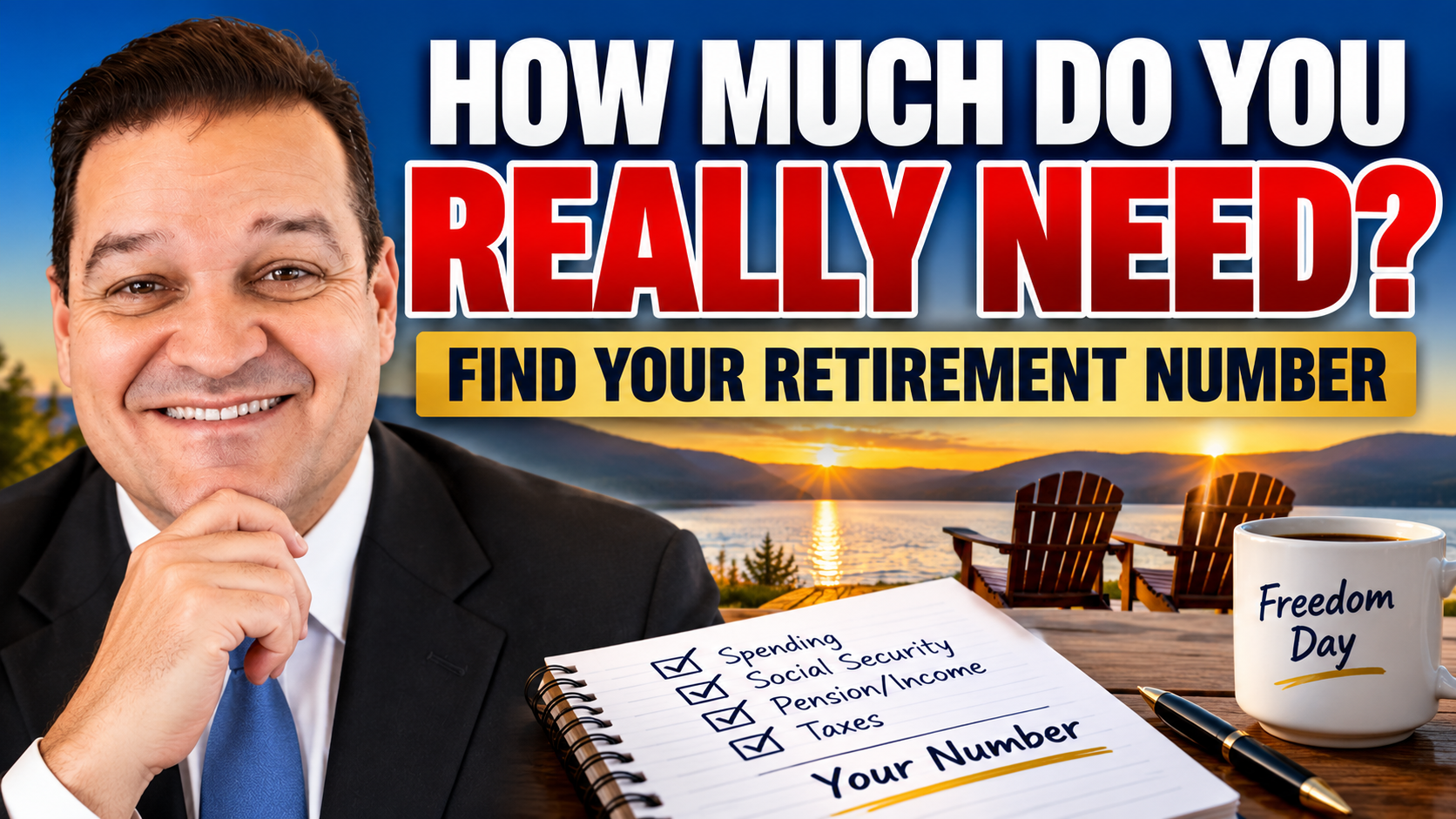 Smiling man in a suit beside text: “How much do you really need? Find your retirement number”
