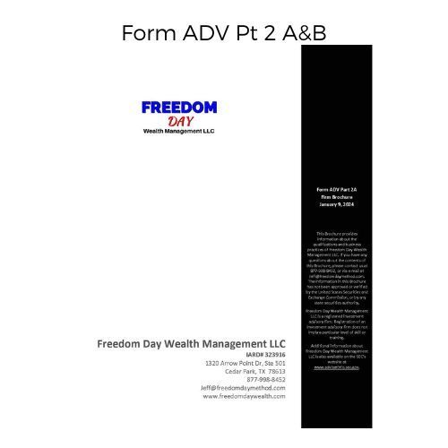 Form ADV Pt 2 A&B document cover for Freedom Day Wealth Management LLC, with black side panel and logo
