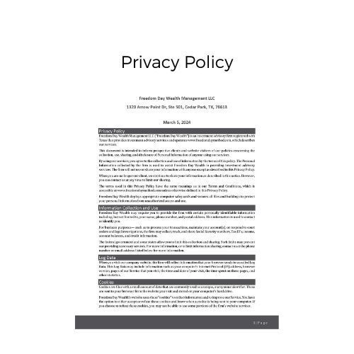 A white page showing a centered “Privacy Policy” document with dense black text and gray section headers.