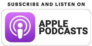 Subscribe and listen on Apple Podcasts logo with purple icon and black text