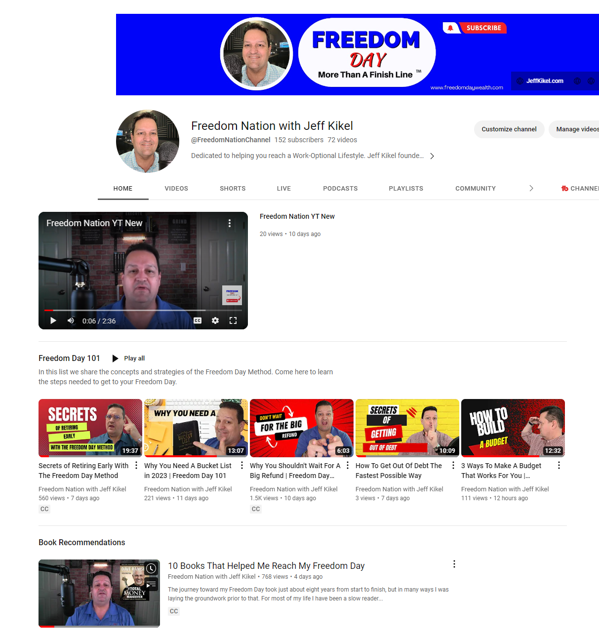 YouTube channel page with a blue “Freedom” banner, profile photo, and rows of video thumbnails