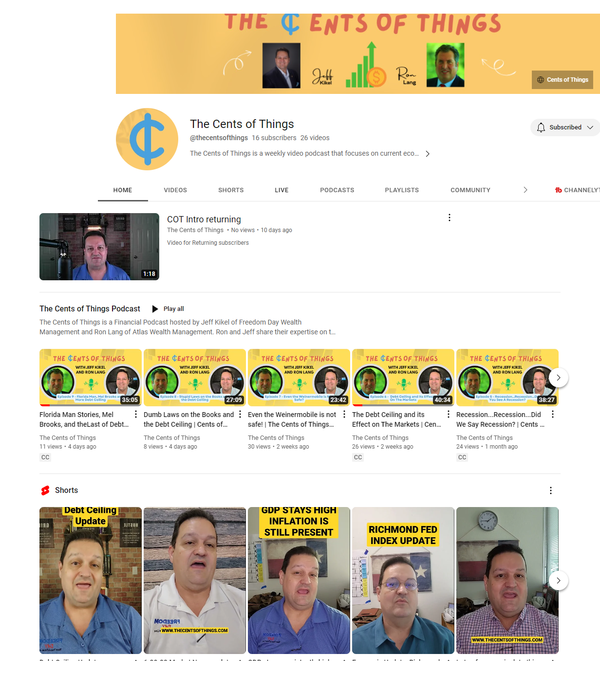 YouTube channel homepage for “The Eents of Things” with orange banner and video thumbnails
