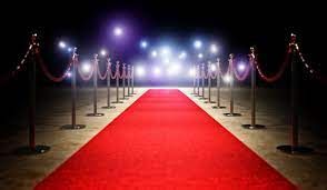 A red carpet leading to a stage with rope barriers.
